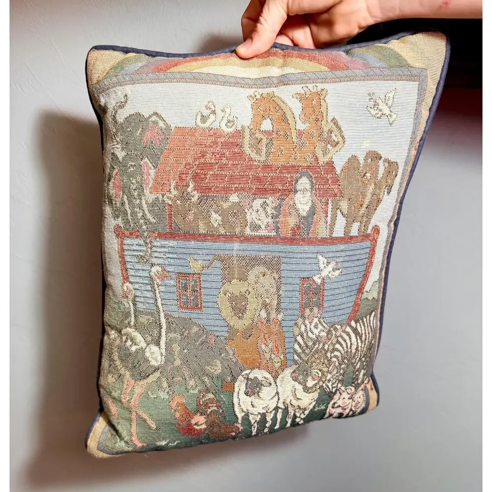 Vintage Noah's Ark Tapestry Pillow | Woven Animal Cushion, Folk Art Decor